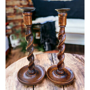 Pair of 2 Antique Oak Barley Twist 12" Candlesticks with Brass Candle Cups
